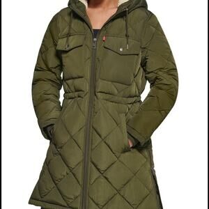 Levi's Women's Soft Sherpa Lined Diamond Quilted Long Parka Green Jacket NWT